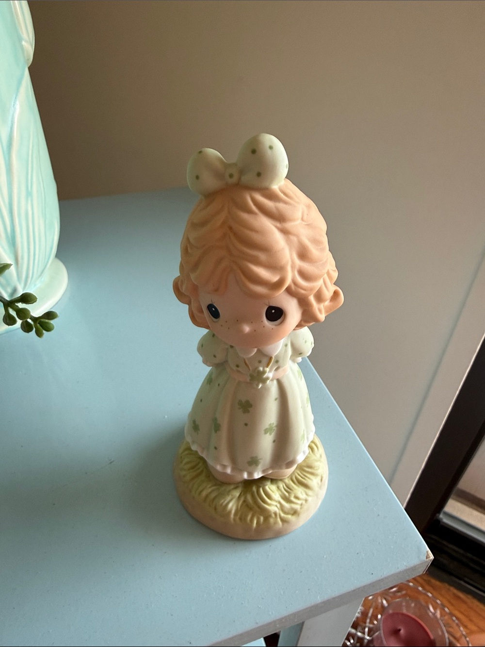 Precious Moments Cream and Pastel Green Girl Figurine